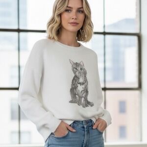 Hollister Comfy Cloud Kitten Cat Graphic Crew Sweater Cream XL Soft Oversized